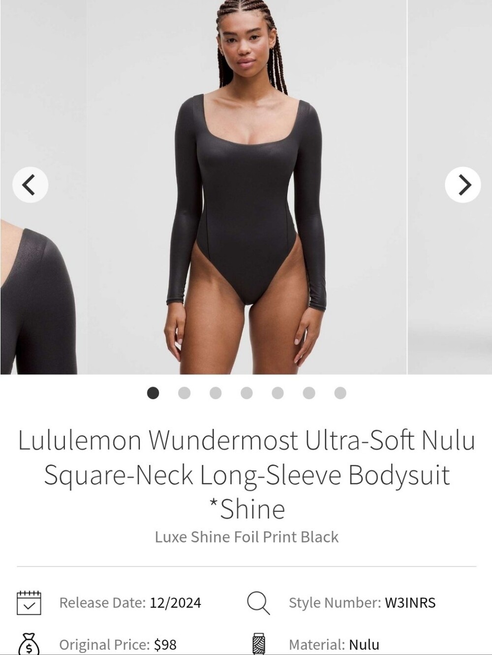 Lululemon Wundermost Long-Sleeve Square-Neck Bodysuit, Sz S, Luxe Black, NWT